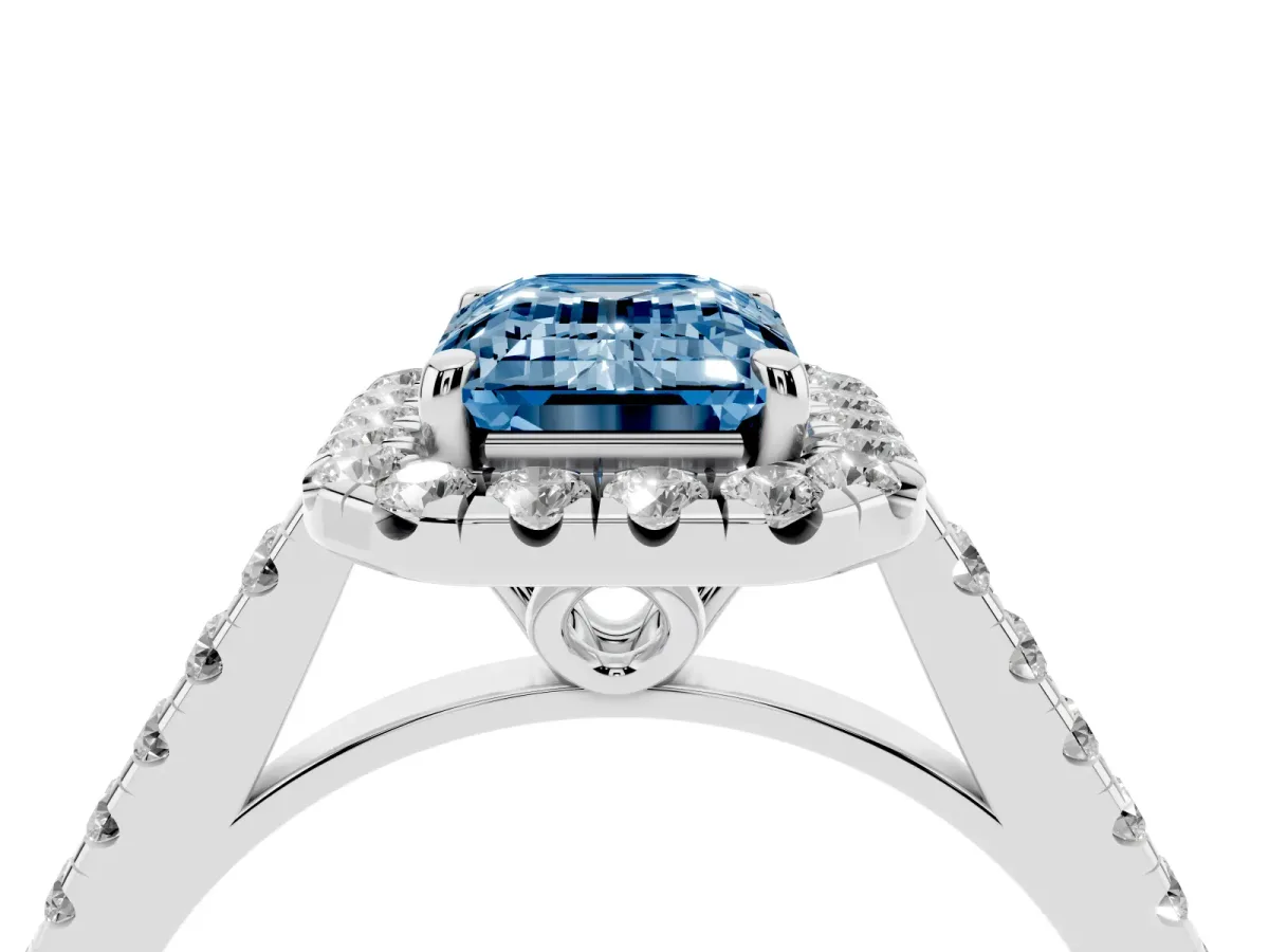 Fancy Blue Emerald Cut Halo Pavé Diamond Engagement Ring with Four-Prong Setting Silver