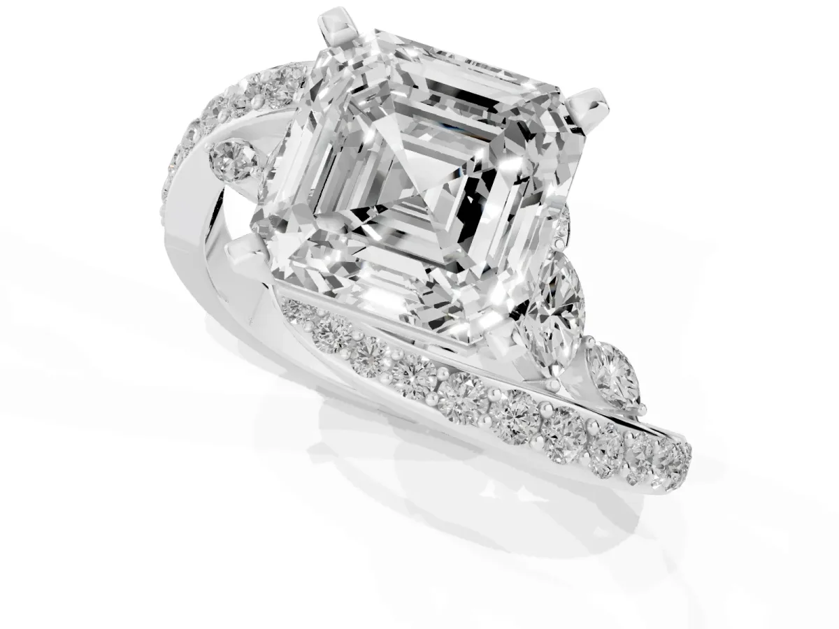 Asscher Cut Solitaire with Pavé Twist Band and Four-Prong Setting Silver