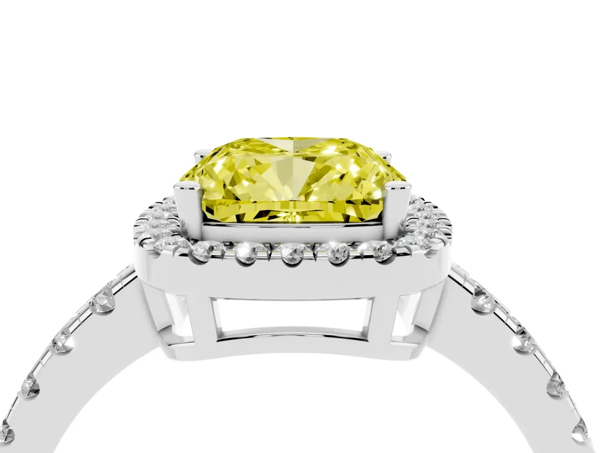 Fancy Yellow Cushion Cut Diamond Halo Ring with Pavé Band and Four-Prong Setting Silver