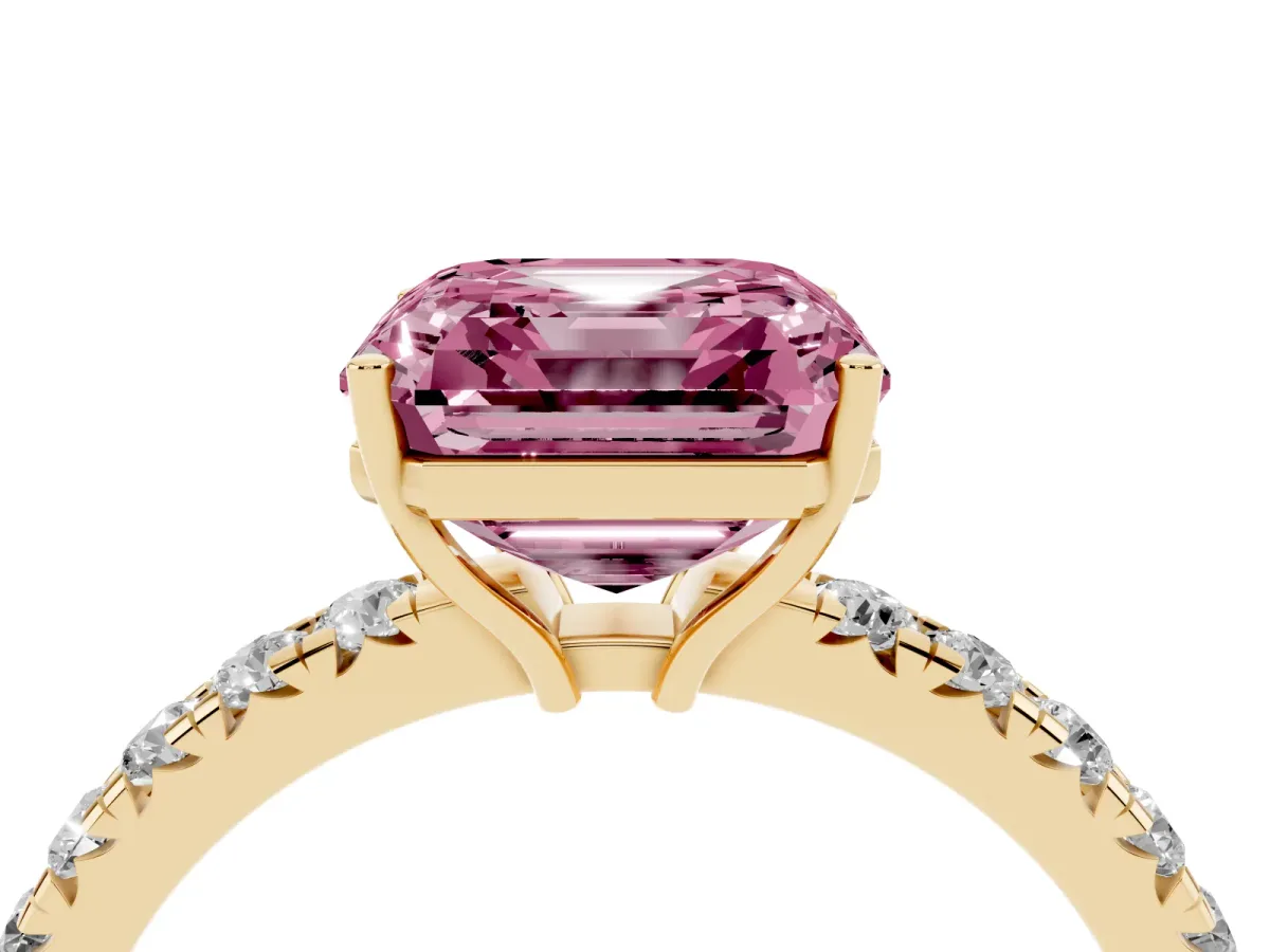 Fancy Pink Asscher Cut Diamond Pavé Solitaire Engagement Ring with Four-Prong Setting Yellow gold