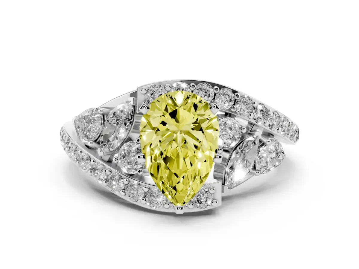 Fancy Yellow Pear Cut Diamond Halo Ring with Marquise and Pavé Band in Prong Setting Platinum