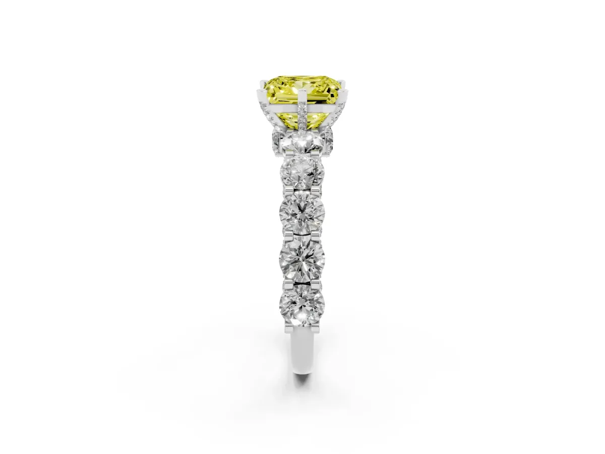 Fancy Yellow Princess Cut Diamond Side Stone Engagement Ring with Four-Prong Setting Platinum