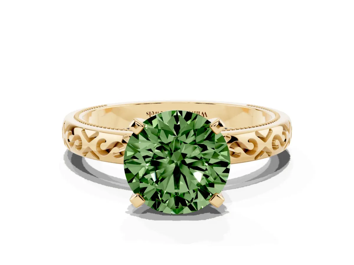 Fancy Green Round Cut Solitaire Engagement Ring with Scrollwork Band and Four-Prong Setting Yellow gold
