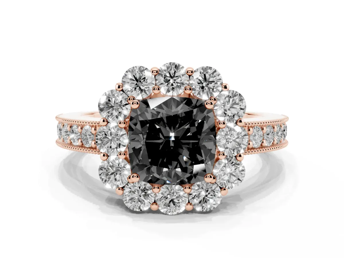 Fancy Black Cushion Cut Cut Halo Diamond Pavé Engagement Ring with Milgrain Detailing Rose gold
