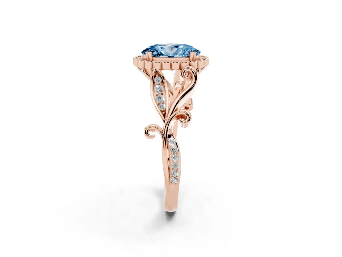 Fancy Blue Oval Cut Diamond Halo Ring with Vintage Split Shank and Four-Prong Setting Rose gold