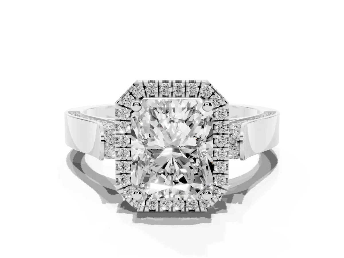 Radiant Cut Halo Round Diamond Twist Band with Four-Prong Setting Silver