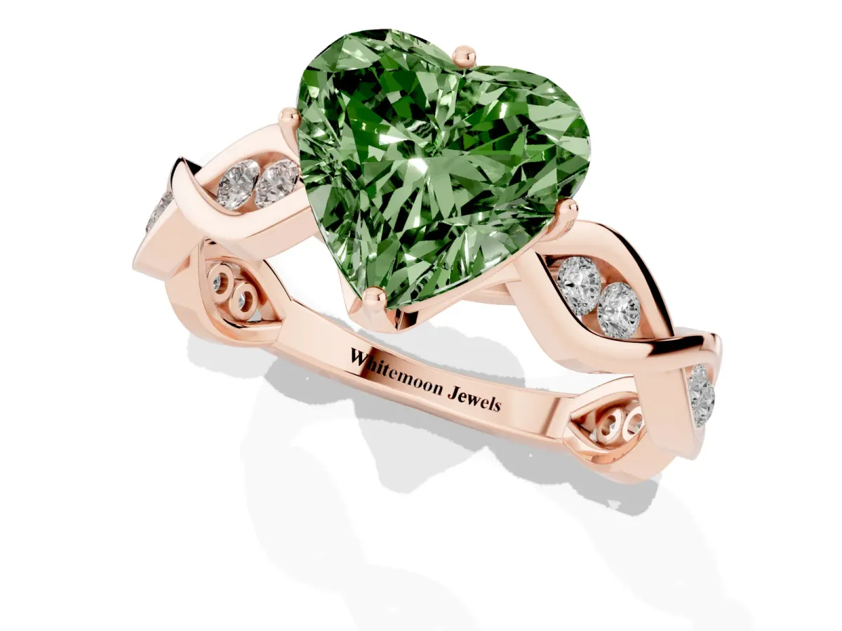 Fancy Green Heart Cut Solitaire Twist Band with Leaf Prong Setting Rose gold