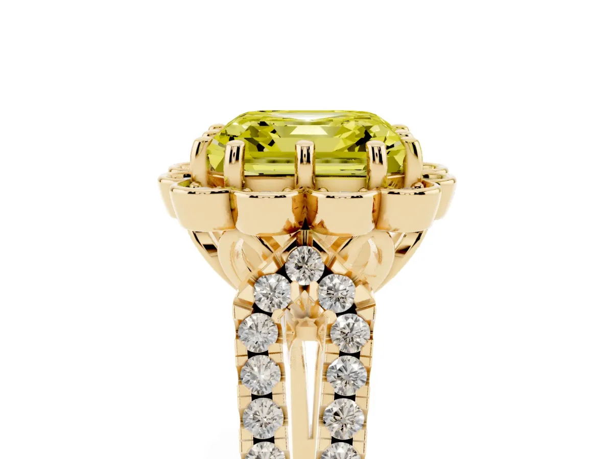 Fancy Yellow Asscher Cut Halo Diamond Floral Split Shank Engagement Ring Yellow gold