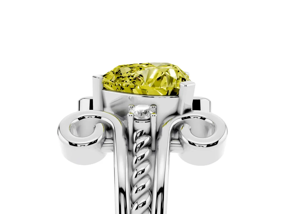Fancy Yellow Heart Cut Solitaire Twisted Band Scroll Prong Ring Platinum