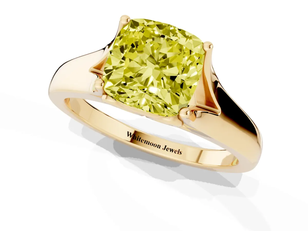 Fancy Yellow Cushion Cut Solitaire Diamond Ring with Cathedral Band and Four-Prong Setting Yellow gold