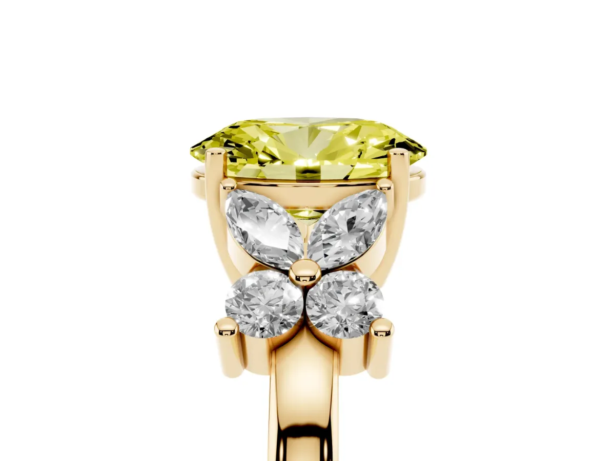 Fancy Yellow Oval Cut Diamond Floral Cluster Ring with Solitaire Band and Prong Setting Yellow gold