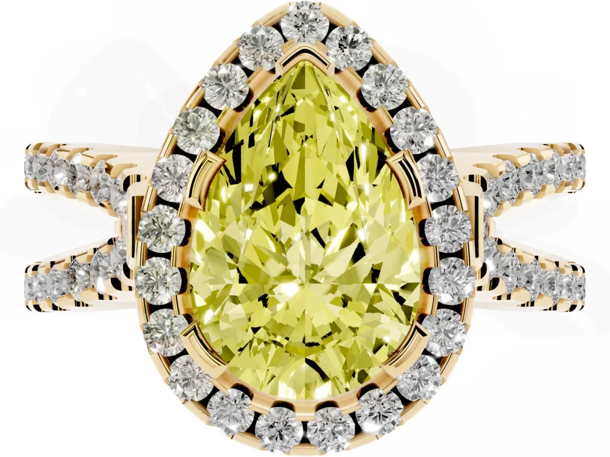 Fancy Yellow Pear Cut Diamond Halo Ring with Split Shank Pavé Band and Prong Setting Yellow gold