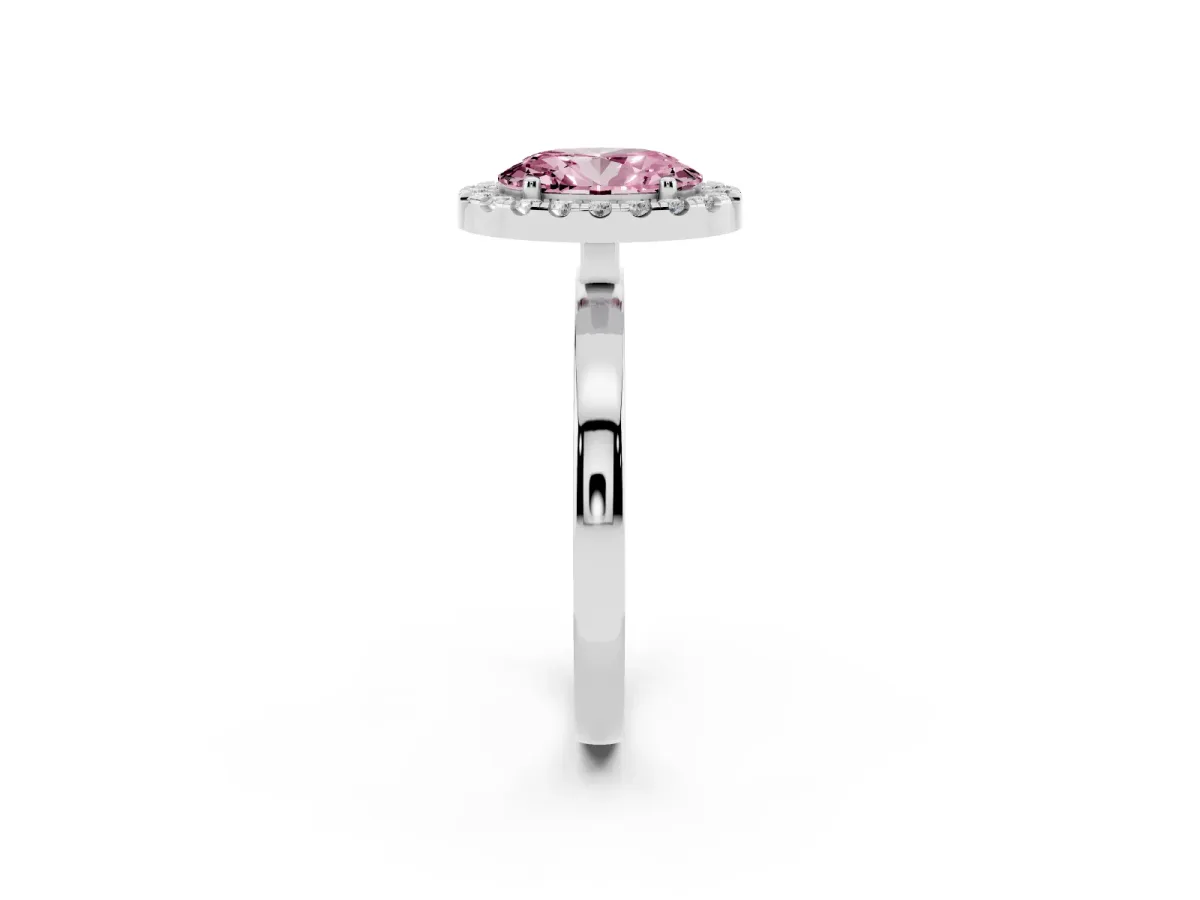 Fancy Pink Oval Cut Halo Diamond Solitaire with Pavé Band and Four-Prong Setting White gold