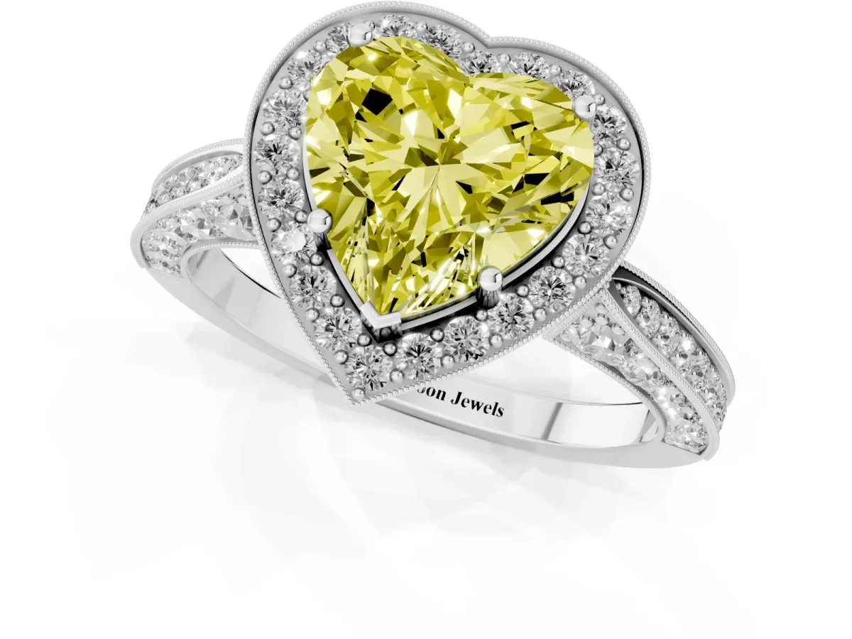 Fancy Yellow Heart Cut Halo Diamond Engagement Ring with Split Shank Band and Four-Prong Setting Silver