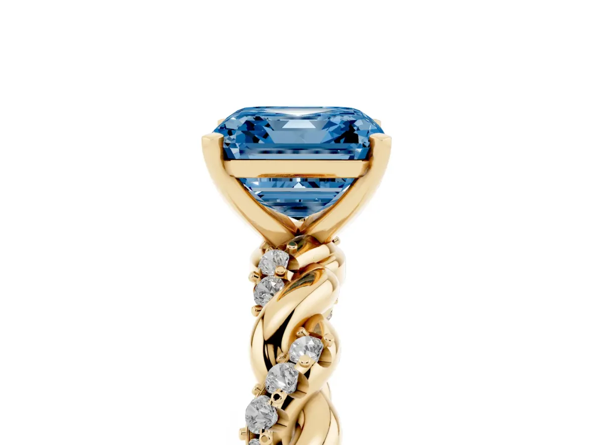 Fancy Blue Asscher Cut Diamond Solitaire Ring with Twisted Band and Pavé Accents Yellow gold