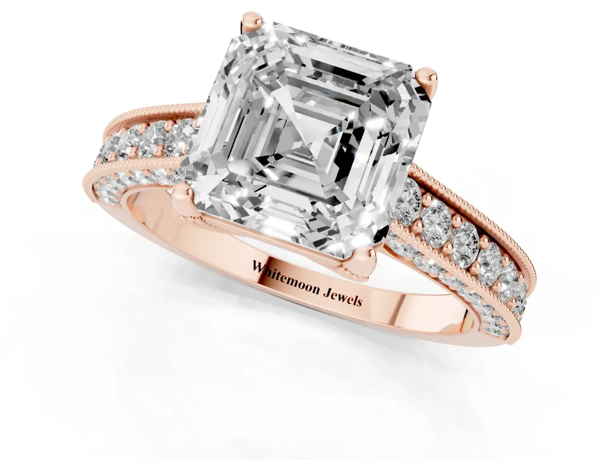 Asscher Cut Cut Diamond Solitaire Ring with Milgrain Pave Band and Four Prong Setting Rose gold