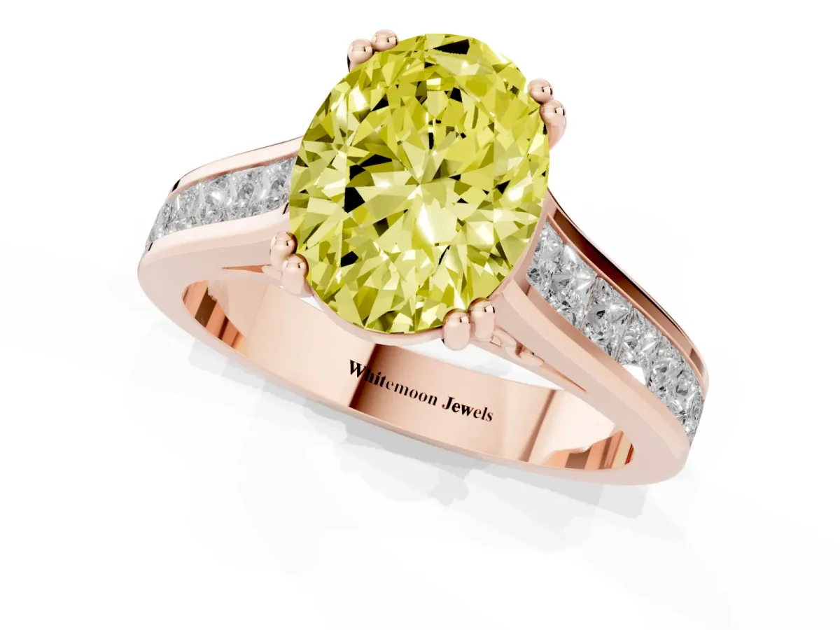 Fancy Yellow Oval Cut Cut Channel Set Solitaire Engagement Ring with Prong Setting Rose gold