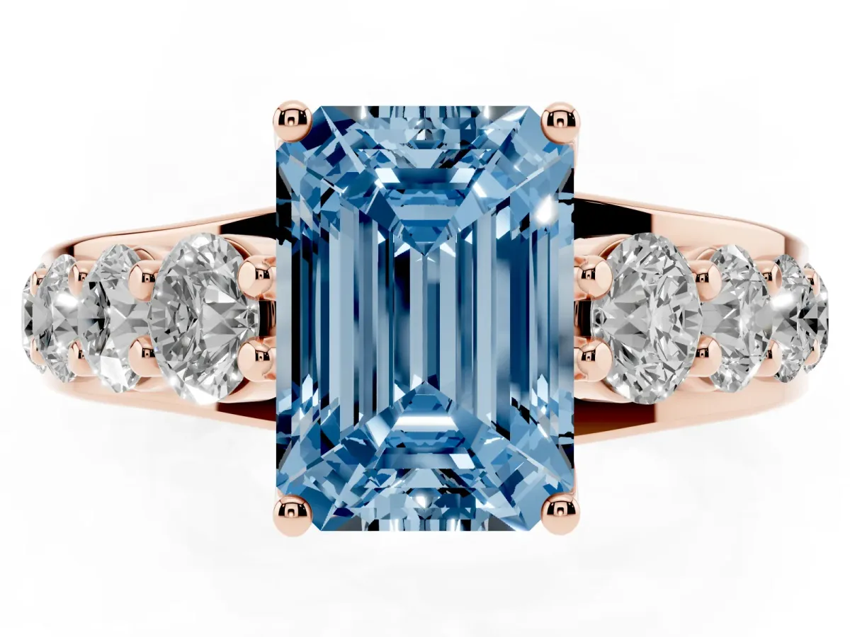 Fancy Blue Emerald Cut Diamond Engagement Ring with Pavé Band and Four-Prong Setting Rose gold