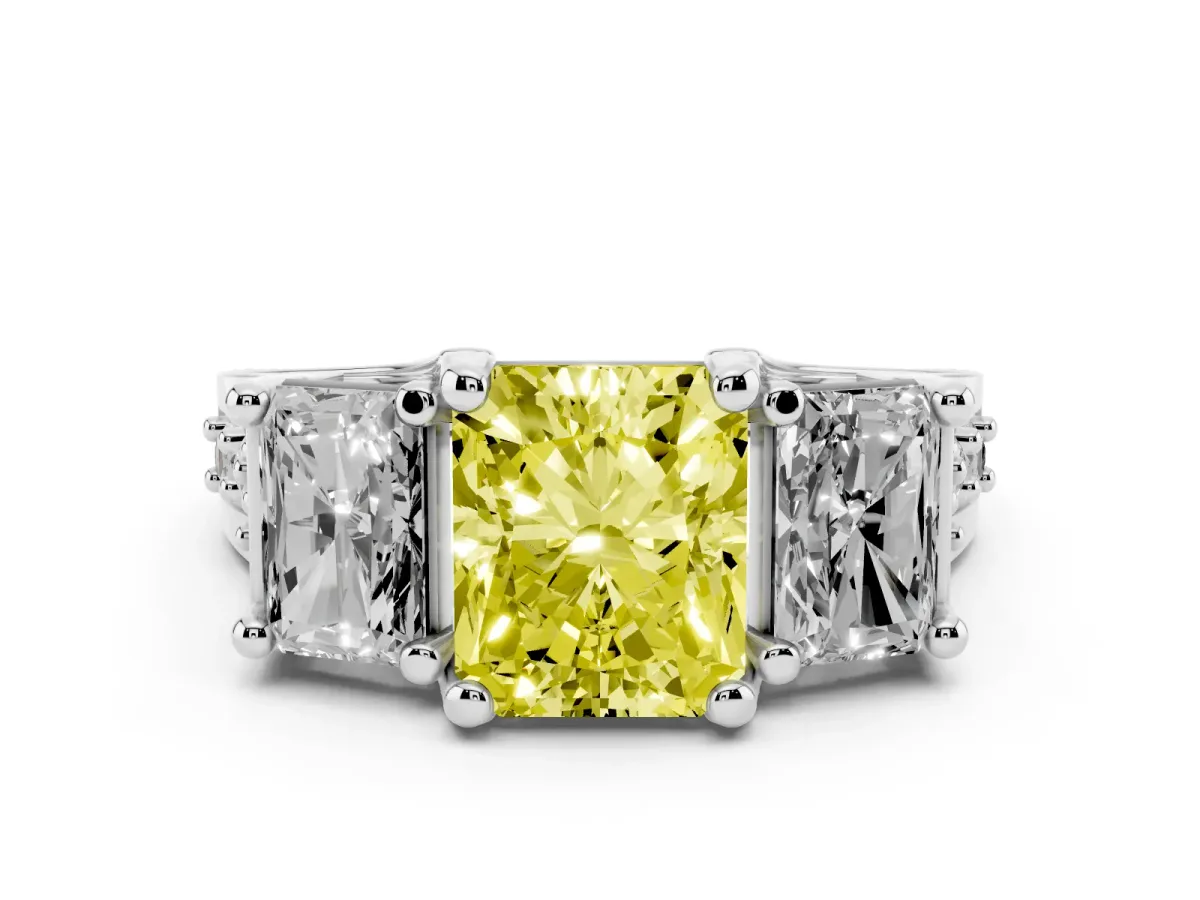 Fancy Yellow Radiant Cut Diamond Three-Stone Ring with Channel Set Band and Four-Prong Setting Silver