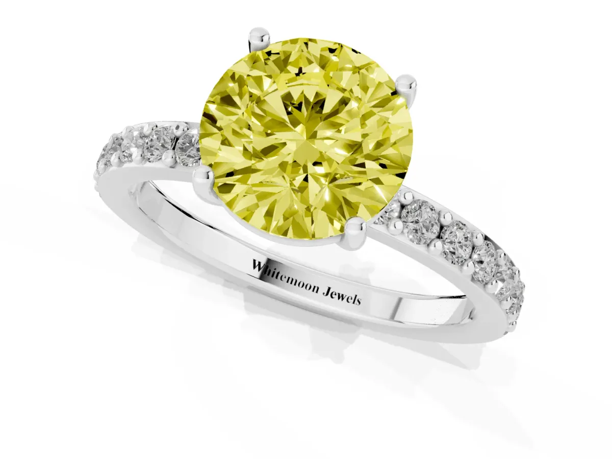 Fancy Yellow Round Cut Cut Diamond Solitaire with Pave Band and Four-Prong Setting Silver