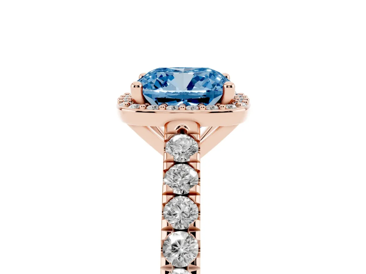 Fancy Blue Cushion Cut Cut Halo Diamond Engagement Ring with Pave Band and Four-Prong Setting Rose gold