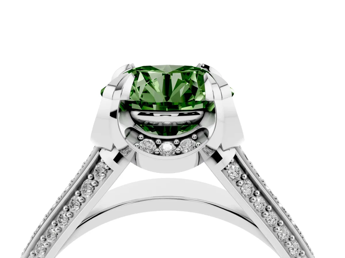 Fancy Green Round Cut Solitaire Pave Split Shank Ring with Four-Prong Setting Platinum