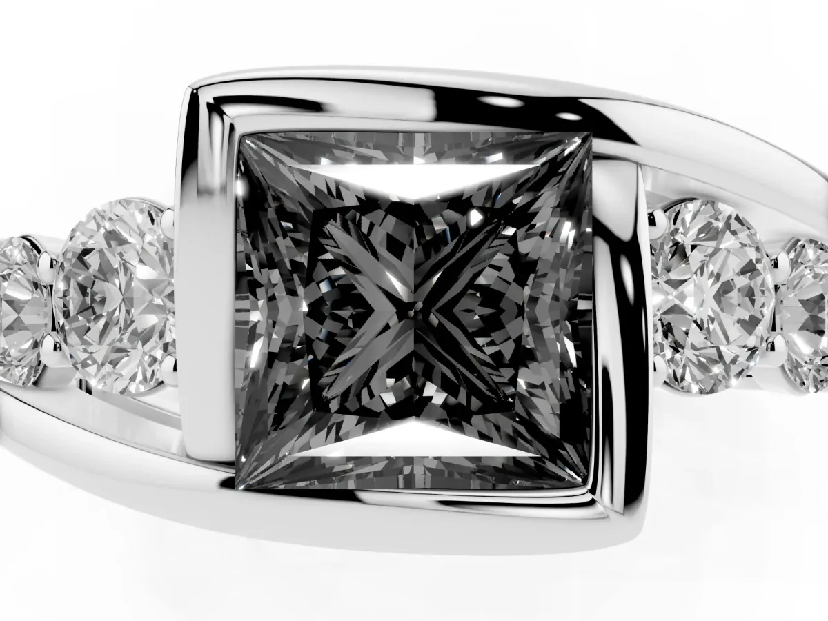Fancy Black Bezel Set Princess Cut Diamond Bypass Ring with Round Accents Silver