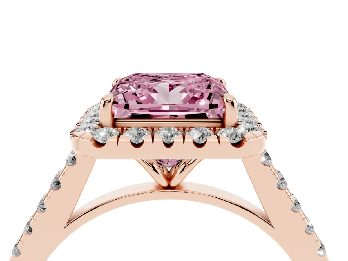 Fancy Pink Princess Cut Halo Pave Diamond Engagement Ring with Four-Prong Setting Rose gold