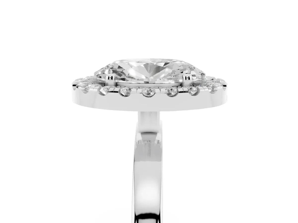 Oval Cut Halo Diamond Solitaire with Pavé Band and Four-Prong Setting White gold