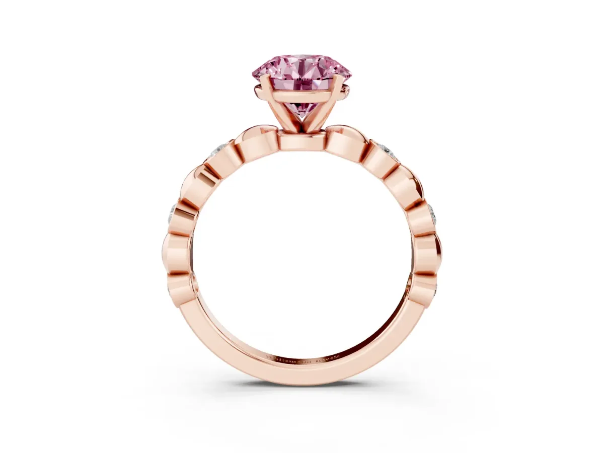 Fancy Pink Round Cut Solitaire Bezel-Set Diamond Ring with Beaded Band and Four-Prong Setting Rose gold