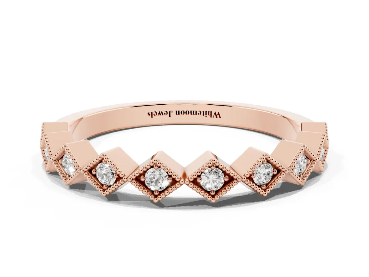 Milgrain Diamond Geometric Stackable Band with Round Cut Stones and Bezel Setting Rose gold