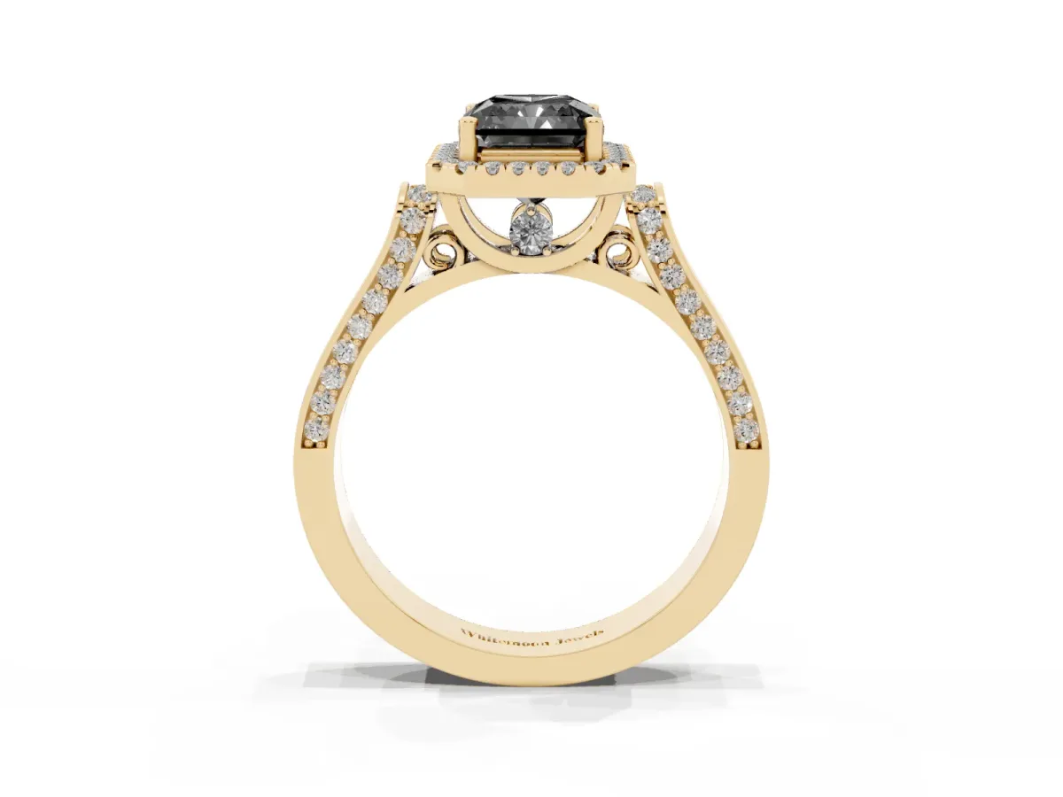 Fancy Black Radiant Cut Halo Round Diamond Twist Band with Four-Prong Setting Yellow gold