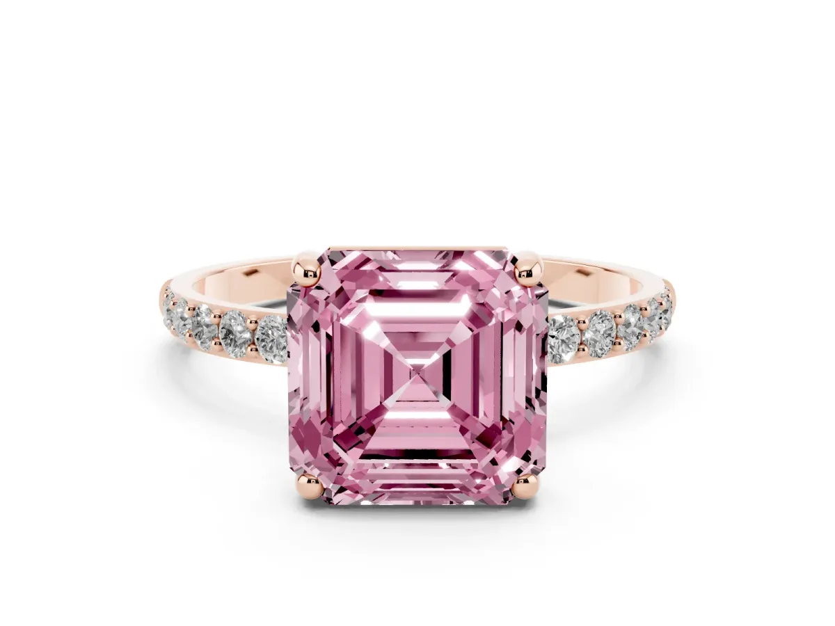 Fancy Pink Asscher Cut Diamond Solitaire Ring with Round Pavé Band and Prong Setting Rose gold