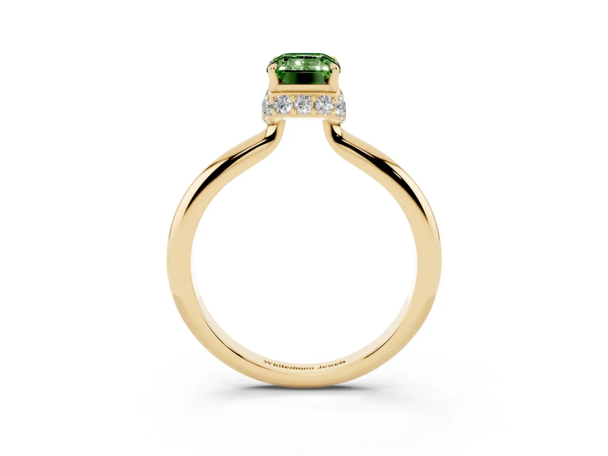 Fancy Green Emerald Cut Brilliant Solitaire Engagement Ring with Six-Prong Setting and Classic Band Yellow gold