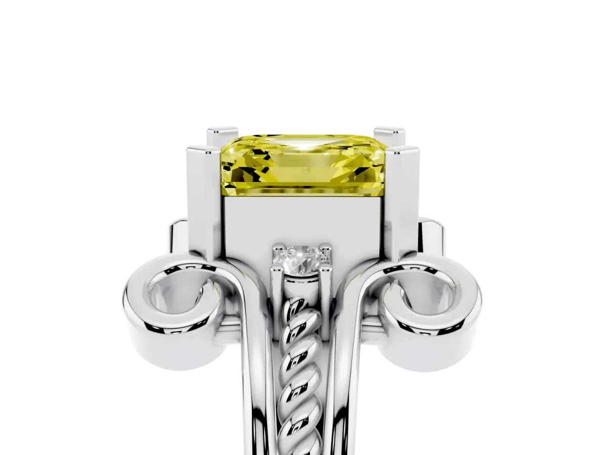 Fancy Yellow Asscher Cut Solitaire Twisted Band Scroll Prong Ring Platinum