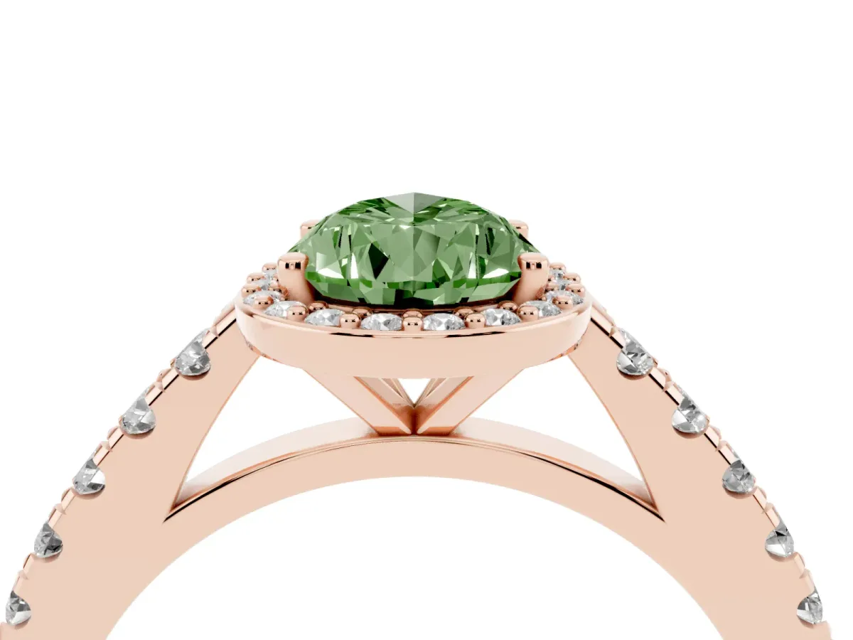 Fancy Green Pear Cut Cut Halo Diamond Engagement Ring with Pave Band and Four-Prong Setting Rose gold