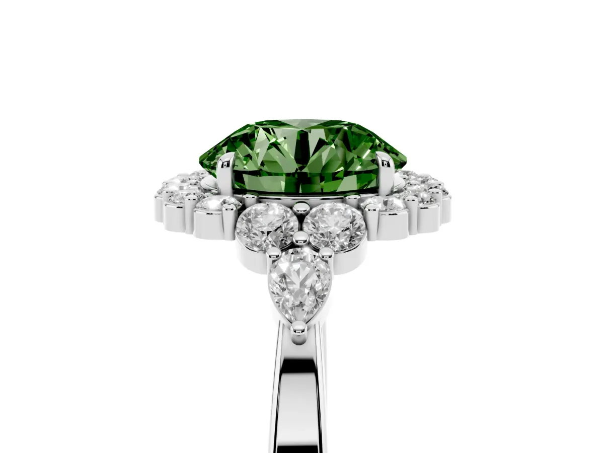 Fancy Green Round Cut Diamond Halo Ring with Pear Side Stones and Prong Setting Silver