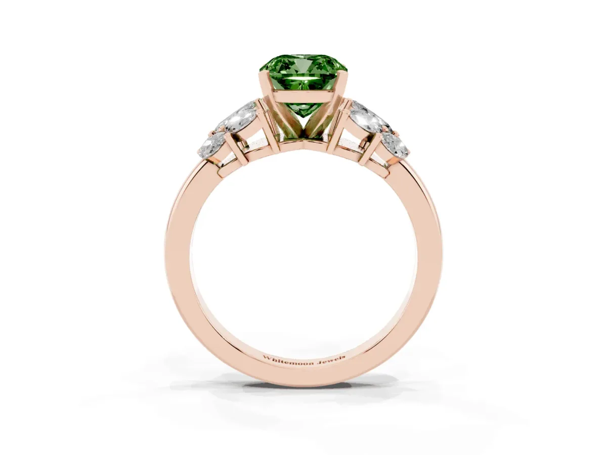 Fancy Green Cushion Cut Diamond Cluster Leaf Design Ring with Prong Setting Rose gold