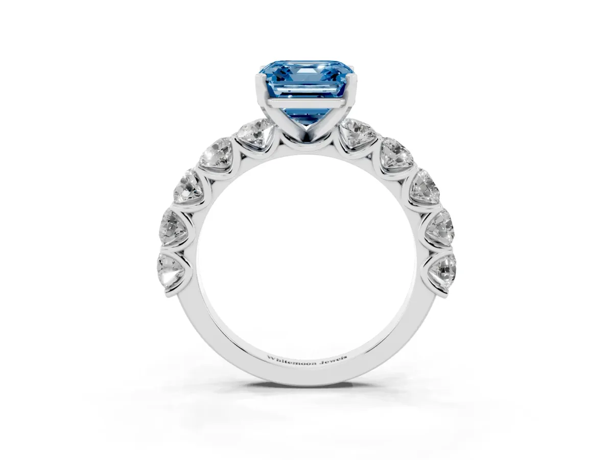 Fancy Blue Asscher Cut Diamond Prong Setting with Side Stones on a Pave Band Silver