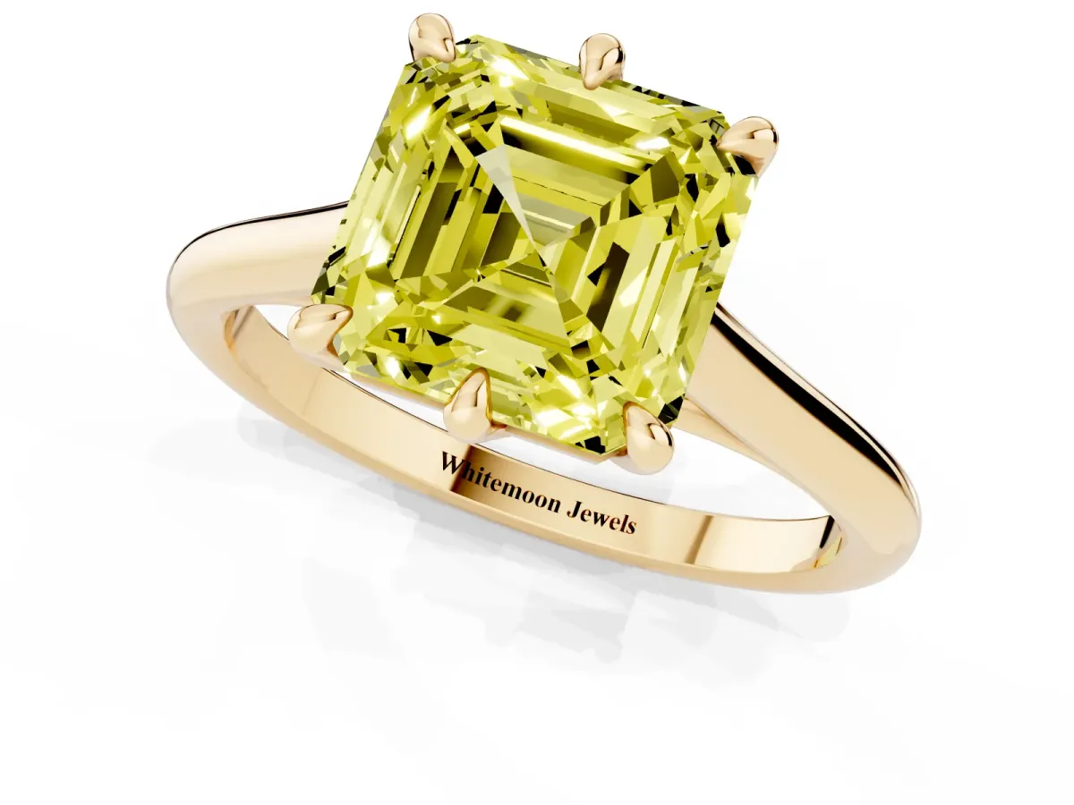 Fancy Yellow Asscher Cut Solitaire Engagement Ring with Six-Prong Setting and Classic Band Yellow gold