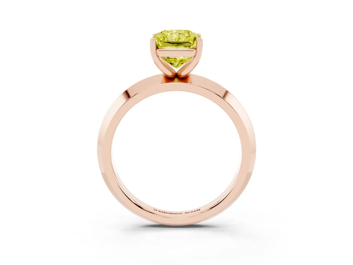 Fancy Yellow Radiant Cut Cut Solitaire Engagement Ring with Flat Band and Four-Prong Setting Rose gold