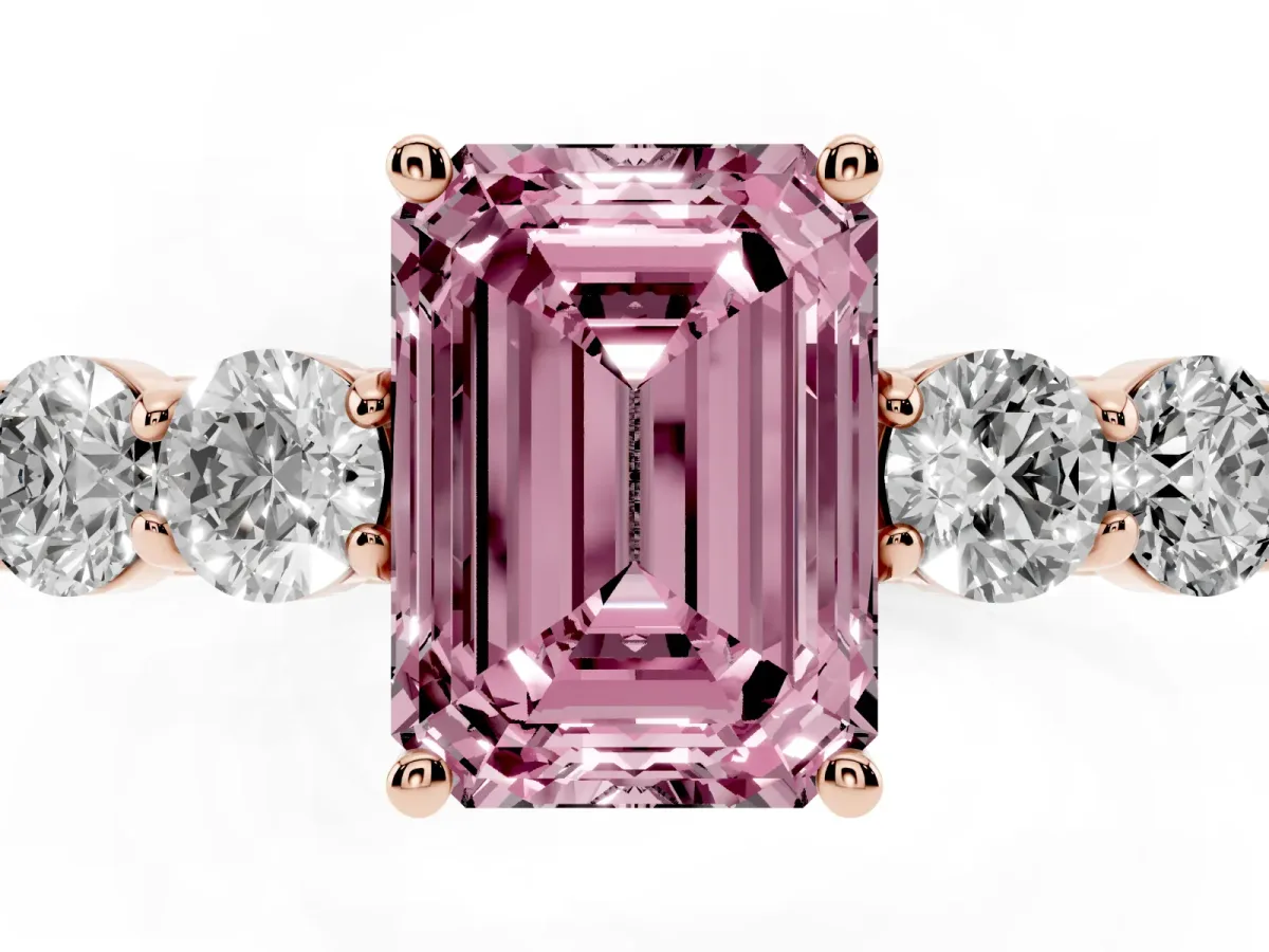 Fancy Pink Emerald Cut Cut Diamond Five-Stone Prong Set White Gold Ring Rose gold