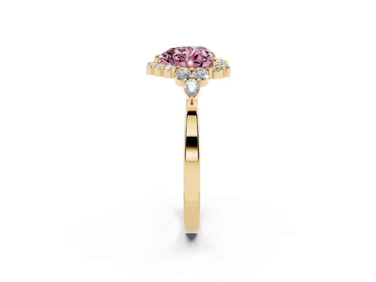 Fancy Pink Heart Cut Diamond Halo Ring with Pear Side Stones and Prong Setting Yellow gold