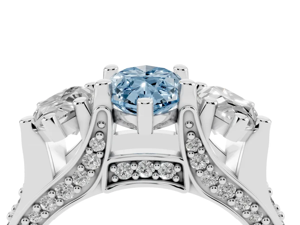Fancy Blue Marquise Cut Diamond Three-Stone Ring with Channel Set Band and Four-Prong Setting Silver
