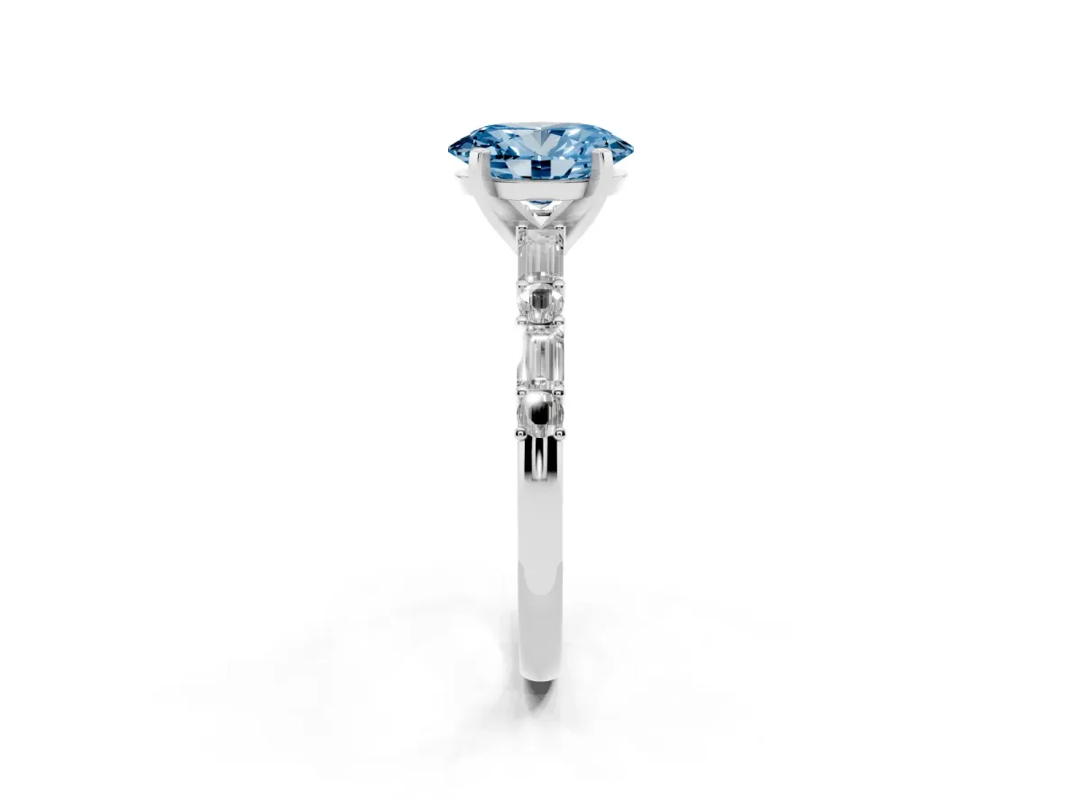 Fancy Blue Oval Cut Diamond Solitaire with Side Baguettes and Channel Set Band Silver
