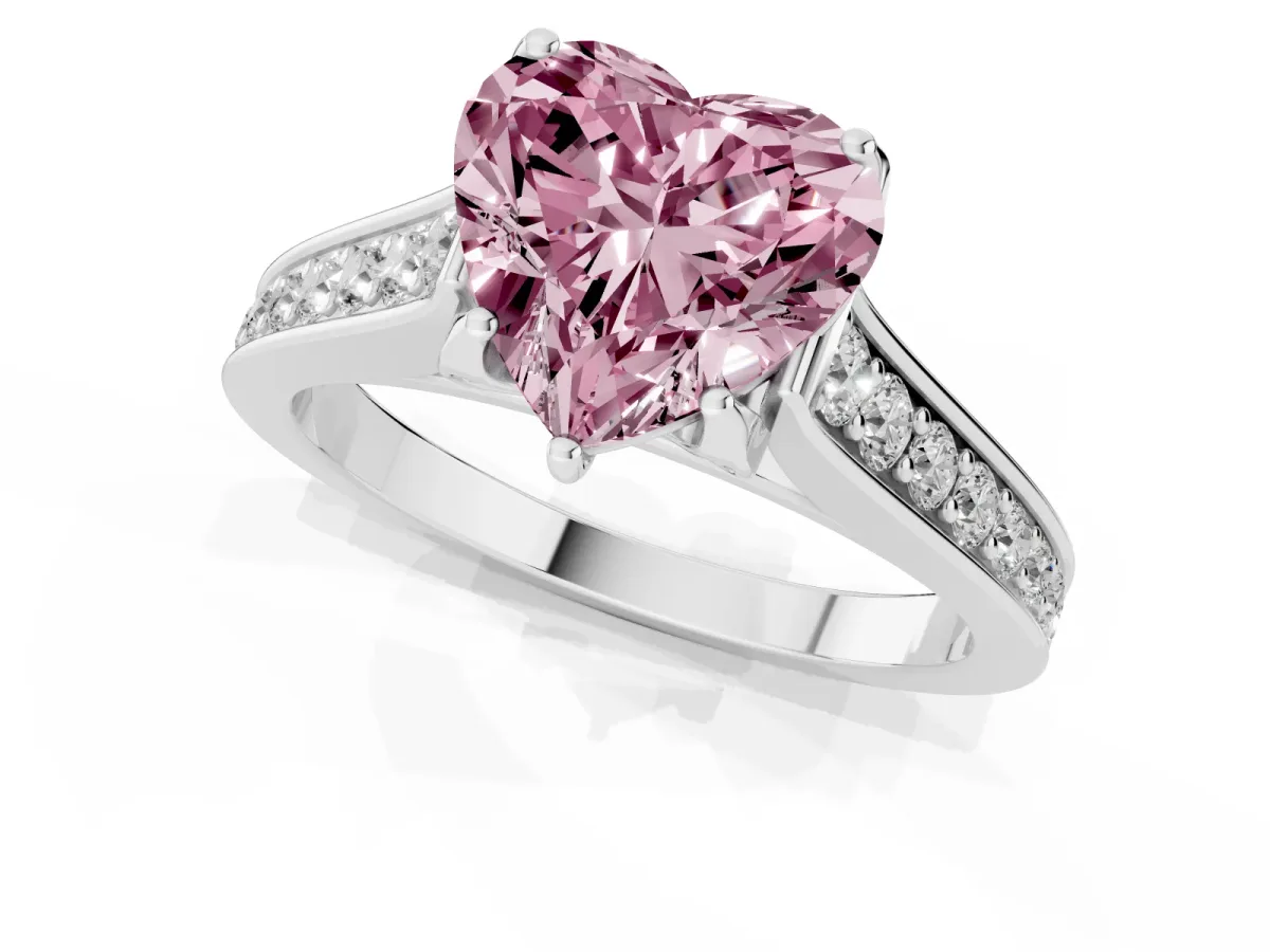 Fancy Pink Heart Cut Brilliant Cut Diamond Engagement Ring with Pavé Band and Four-Prong Setting White gold