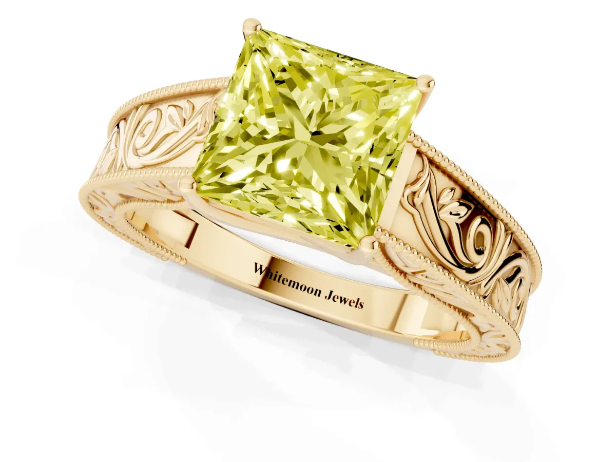 Fancy Yellow Princess Cut Diamond Solitaire Ring with Engraved Band and Four-Prong Setting Yellow gold