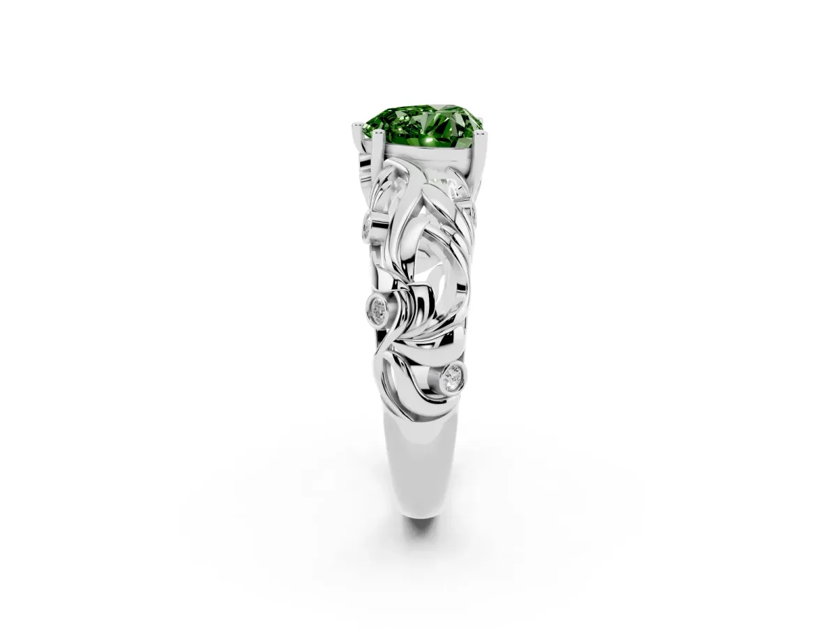 Fancy Green Heart Cut Solitaire Diamond Leaf-Inspired Vine Band Ring with Prong Setting Silver