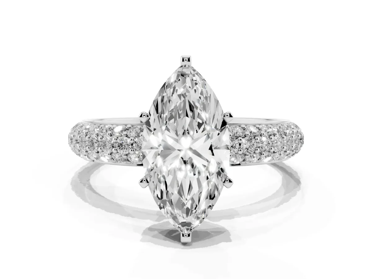 Marquise Cut Diamond Solitaire Ring with Prong Setting and Pavé Band Silver