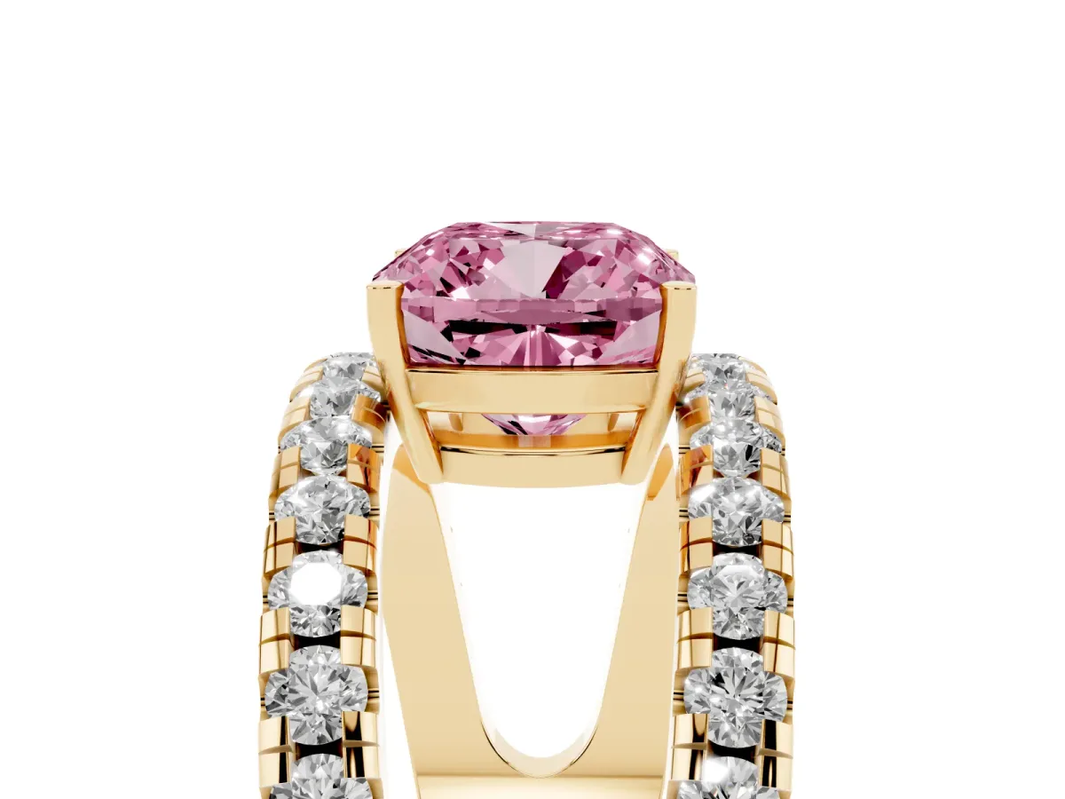 Fancy Pink Cushion Cut Solitaire Split Shank Pave Diamond Ring Yellow gold